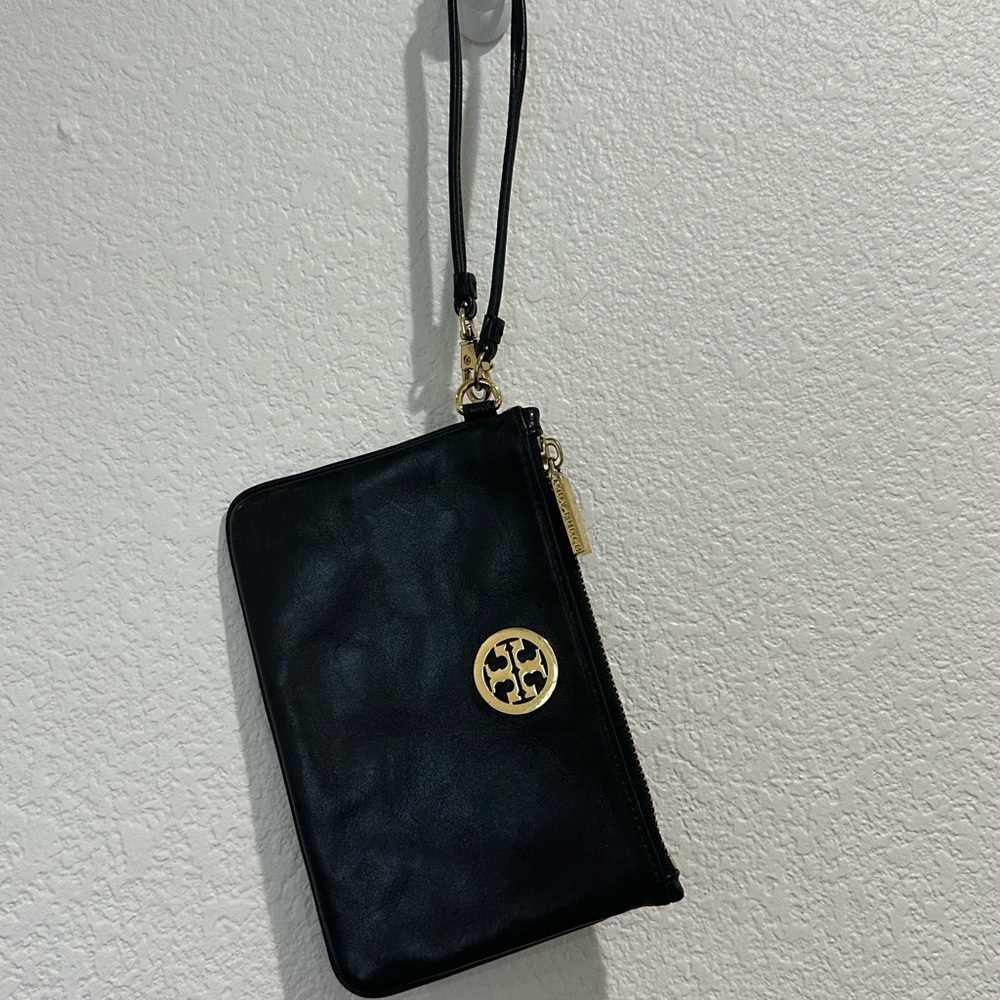 Black Leather Tory Burch Wristlet